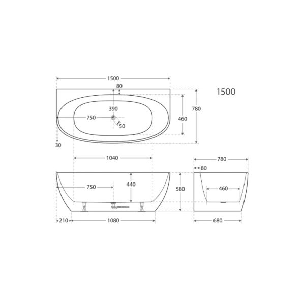 Keeto Back-To-Wall Acrylic Bath 1500 spec