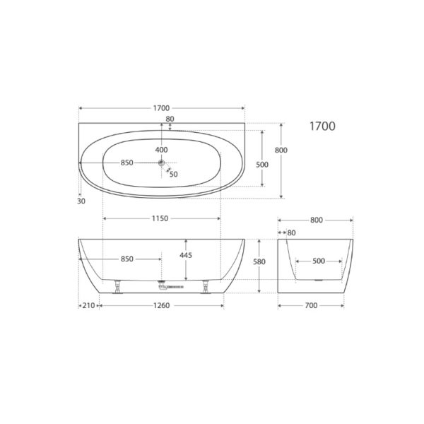 Keeto Back-To-Wall Acrylic Bath 1700 spec