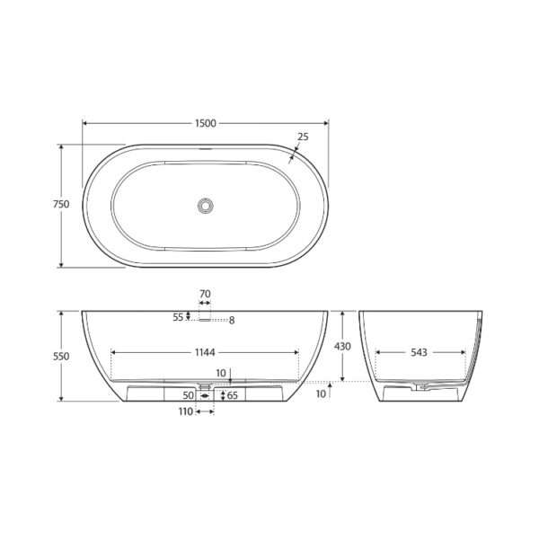 LUCIANA 1500 Matte Black Stone Bath spec