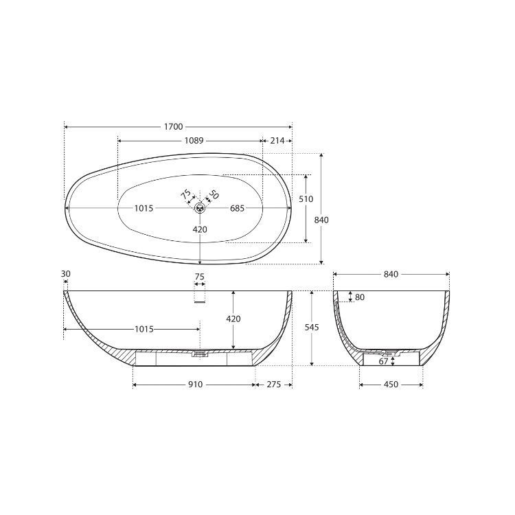 Fienza Bahama Matte Black Stone Bath 1700mm ST03-MB