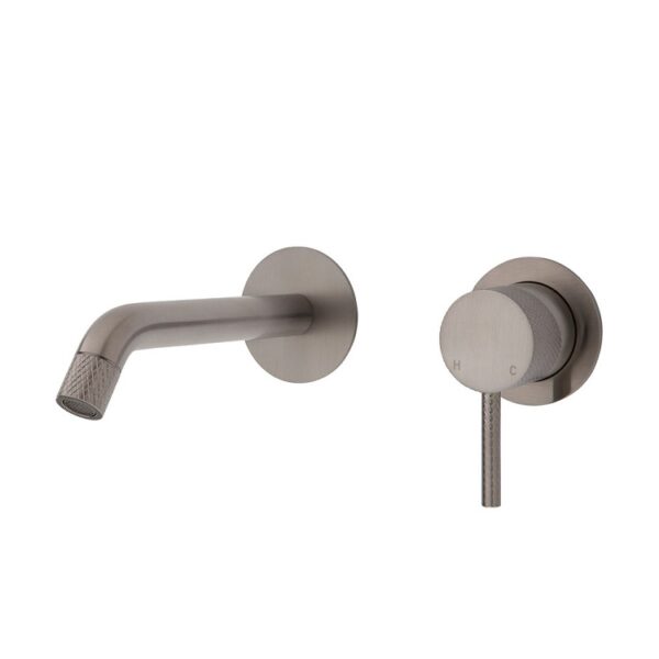 Fienza Axle Wall Basin Bath Mixer Set Small Round Plates 160mm Outlet Brushed Nickel