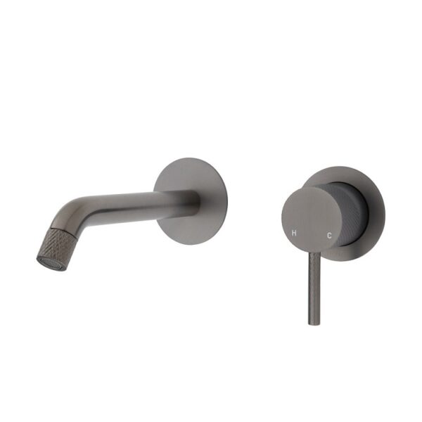 Fienza Axle Wall Basin Bath Mixer Set Small Round Plates 160mm Outlet Gun Metal