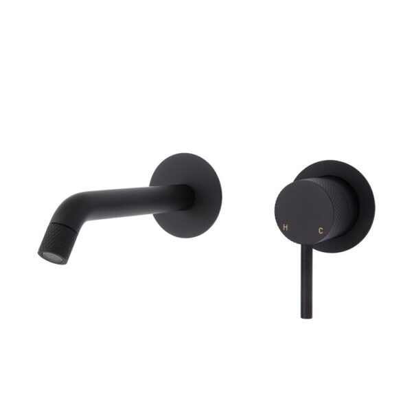 Fienza Axle Wall Basin Bath Mixer Set Small Round Plates 160mm Outlet Matte Black
