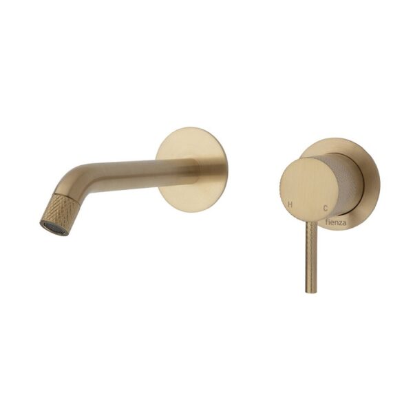 Fienza Axle Wall Basin Bath Mixer Set Small Round Plates 160mm Outlet Urban Brass