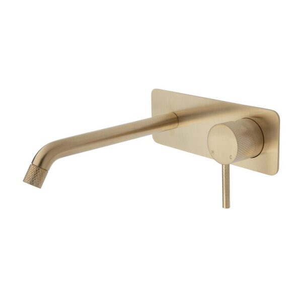 Fienza Axle Wall Basin Mixer Set Soft Square Plate 200mm Outlet Urban Brass