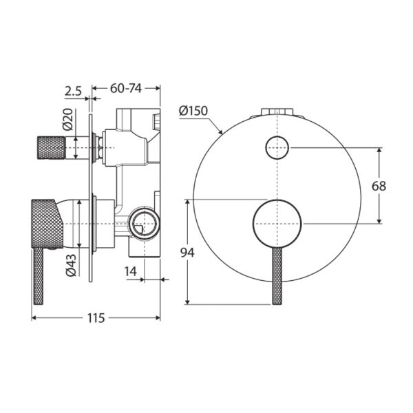 Fienza Axle Wall Diverter Mixer Large Round Plate Spec