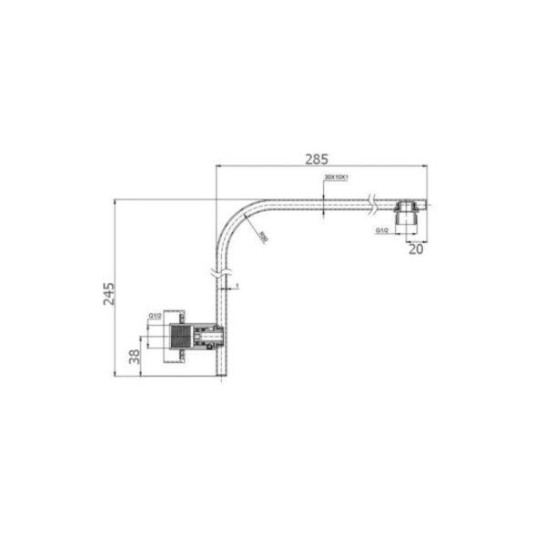 BUK Eckig Square Curve Wall Shower Arm Spec