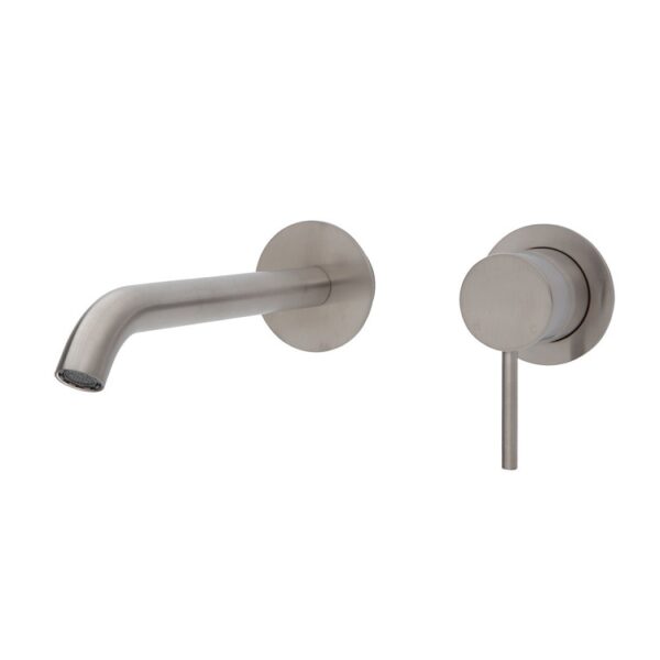 Fienza Kaya Wall Basin Mixer Set Round Plates 200mm Outlet Brushed Nickel