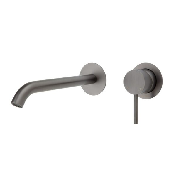 Fienza Kaya Wall Basin Mixer Set Round Plates 200mm Outlet Gun Metal