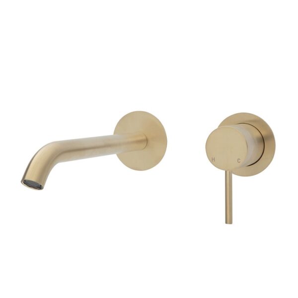 Fienza Kaya Wall Basin Mixer Set Round Plates 200mm Outlet Urban Brass 