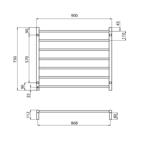 Radiant Heated Towel Rail RTR08 7 Bar Round Spec
