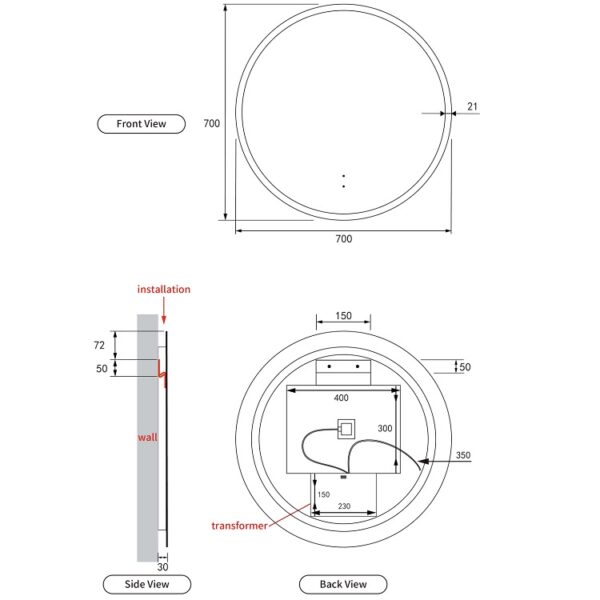 Aulic Windsor Touchless LED Mirror 700mm LMWIN-700 Spec
