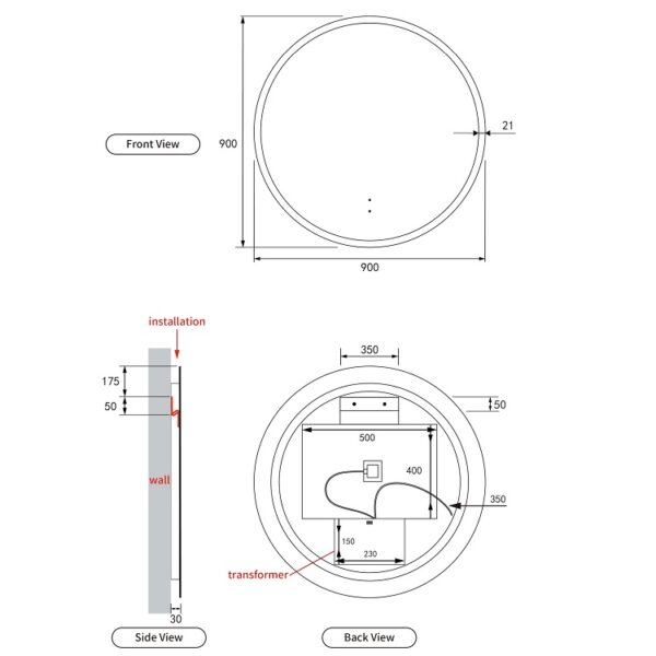 Aulic Windsor Touchless LED Mirror 900mm Spec