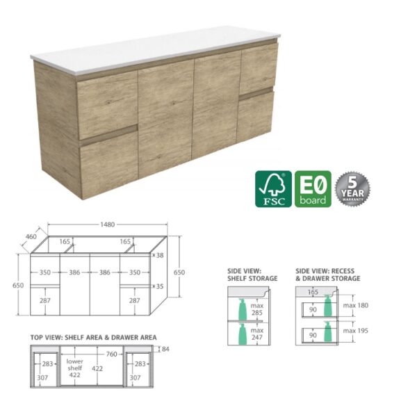 Fienza Edge Scandi Oak Cabinet Only 1500 Wall Hung Spec