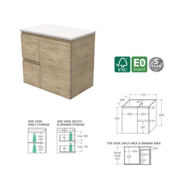 Fienza Edge Scandi Oak Cabinet Only 750 Wall Hung Left Spec