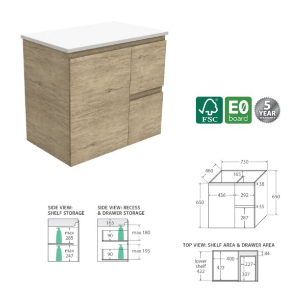 Fienza Edge Scandi Oak Cabinet Only 750 Wall Hung Right Spec