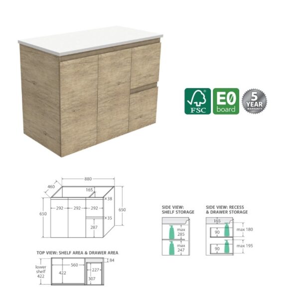 Fienza Edge Scandi Oak Cabinet Only 900 Wall Hung Right Spec