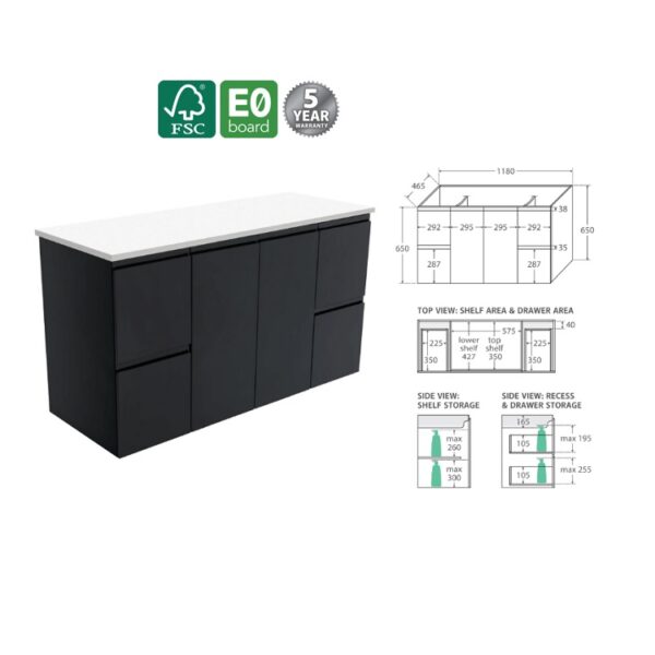 Fienza Fingerpull Satin Black Cabinet 1200 Wall-Hung Spec