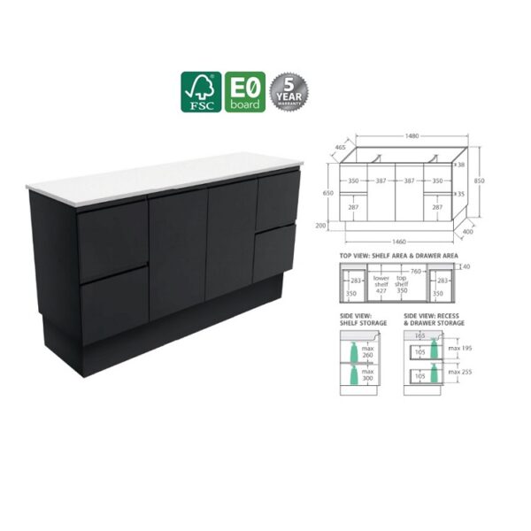 Fienza Fingerpull Satin Black Cabinet 1500 Floorstanding Spec