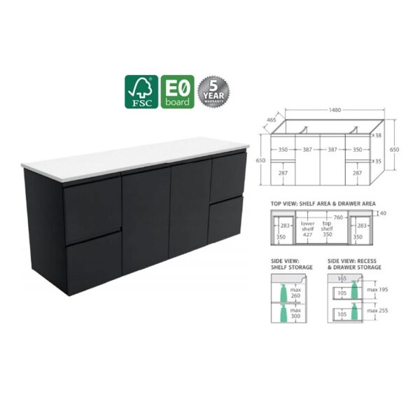 Fienza Fingerpull Satin Black Cabinet 1500 Wall-Hung Spec