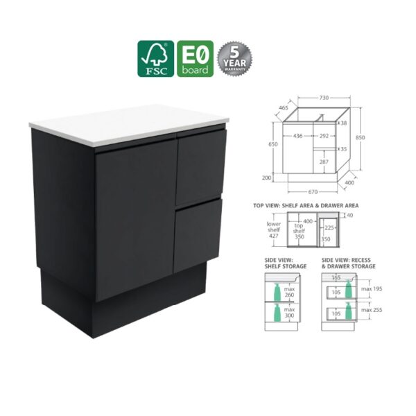 Fienza Fingerpull Satin Black Cabinet 750 Floorstanding RH Spec