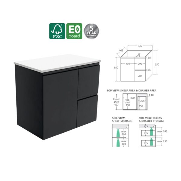 Fienza Fingerpull Satin Black Cabinet 750 Wall-Hung LH Spec