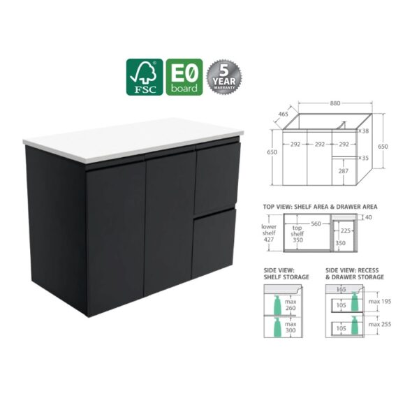 Fienza Fingerpull Satin Black Cabinet 900 Wall-Hung RH Spec