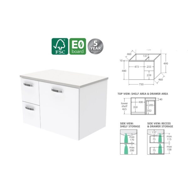 Fienza Unicab Wall Hung 750 Cabinet LH Drawer Spec
