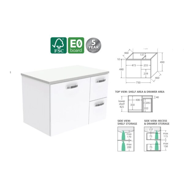 Fienza Unicab Wall Hung 750 Cabinet RH Drawer Spec