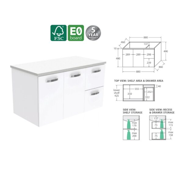 Fienza Unicab Wall Hung 900 Cabinet RH Drawer Spec