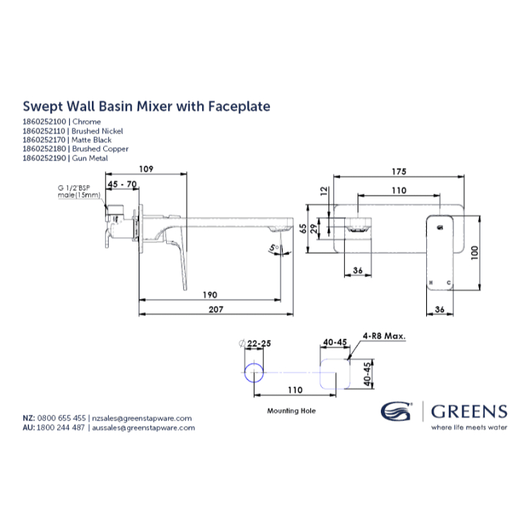 Greens Swept Wall Basin Mixer with Faceplate Spec