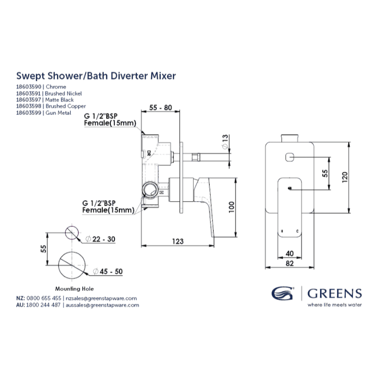 Greens Tapware Swept Shower Bath Diverter Mixer Spec