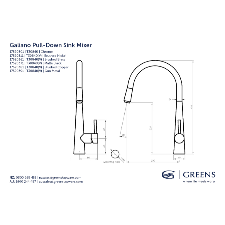 Greens Galiano Pull Down Sink Mixer Spec