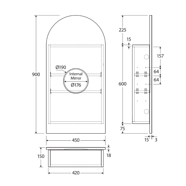 Fienza Arch Mirror Cabinet 450 x 900mm PSH450ARCH Spec