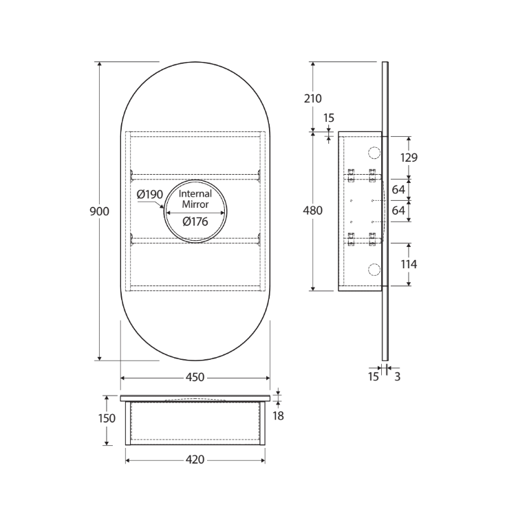 Fienza Pill Mirror Cabinet 450 x 900mm PSH450PILL Spec