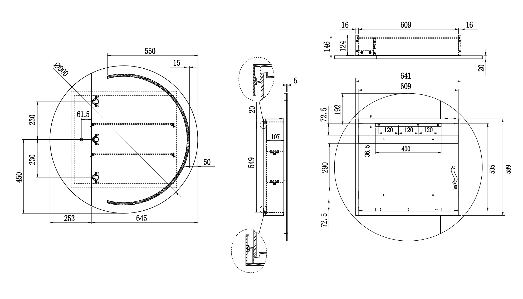 Remer Pearl LED Round Mirror Shaving Cabinet P90D Spec