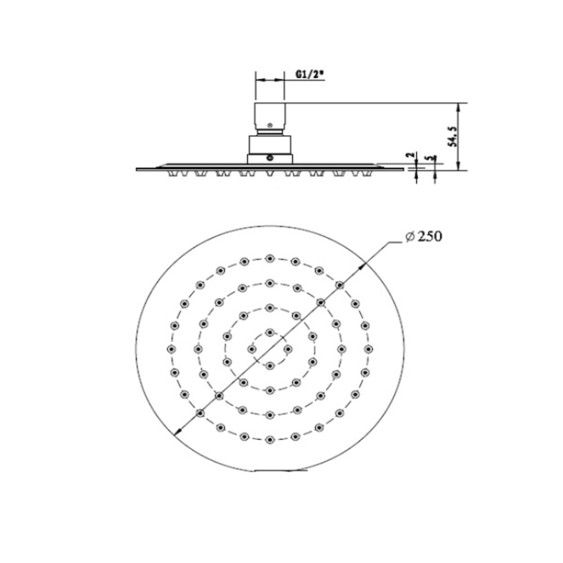 BUK Rund 250mm Stainless Steel Shower Head BKR250S Spec