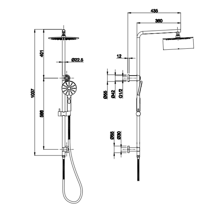 BUK Rund Combination Shower On Rail With 250mm Rain Shower Head BKSR207 Spec