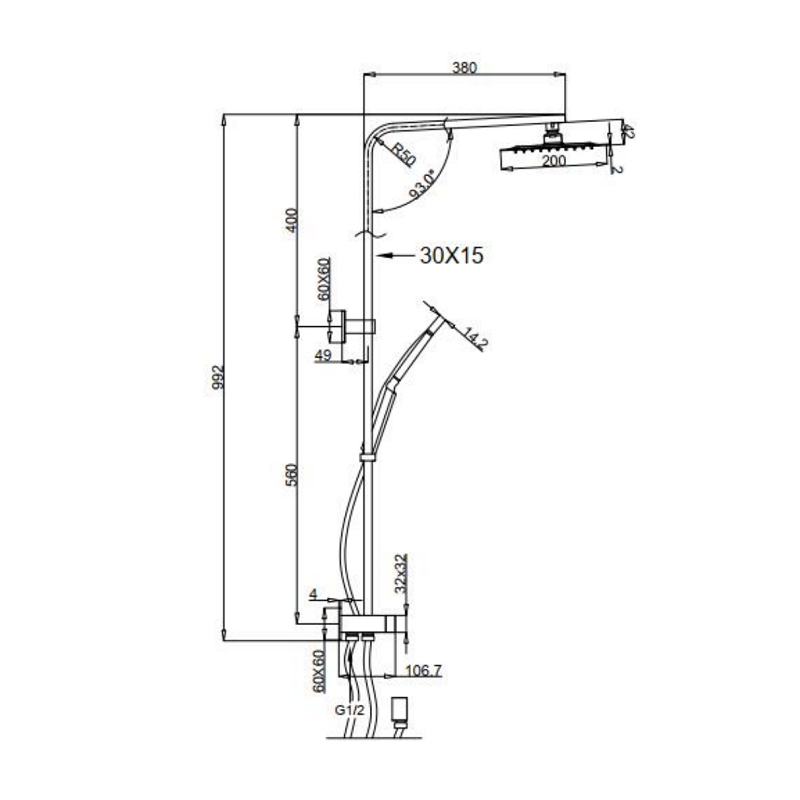 BUK Eckig Combination Shower On Rail BKSS102 Spec