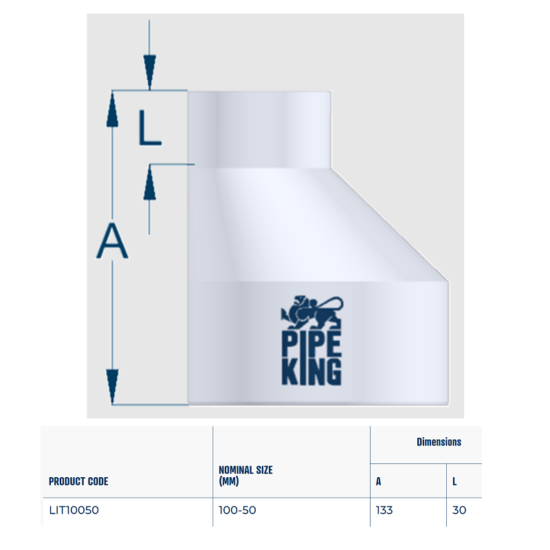Pipe King Level Invert Taper 100 x 50mm DWV LIT10050