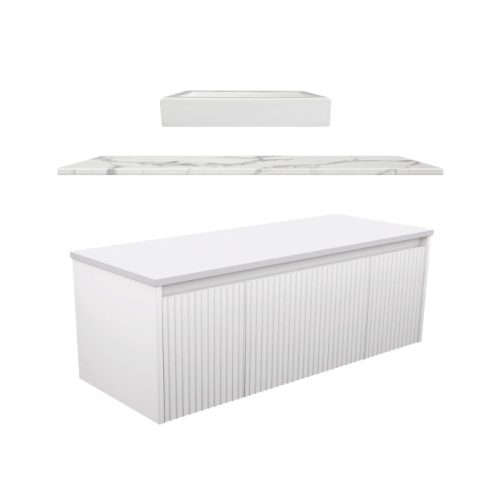 Fienza Alina Fluted Satin White Wall-Hung Cabinet - Above Counter Basin Vanities