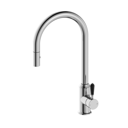 Nero York Pull Out Sink Mixer with Vegie Spray Function & Black Porcelain Lever