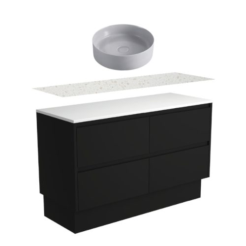Fienza Amato Satin Black Kickboard Vanity With Solid Surface Top & Above Counter Basin