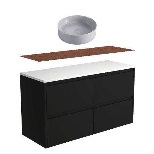 Fienza Amato Satin Black Wall Hung Vanity With Hardwood Top & Above Counter Basin