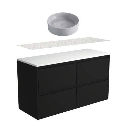 Fienza Amato Satin Black Wall Hung Vanity With Solid Surface Top & Above Counter Basin