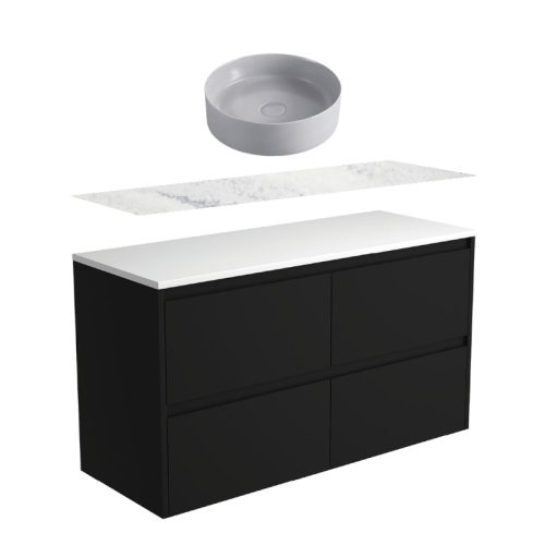 Fienza Amato Satin Black Wall Hung Vanity With Stone Top & Above Counter Basin