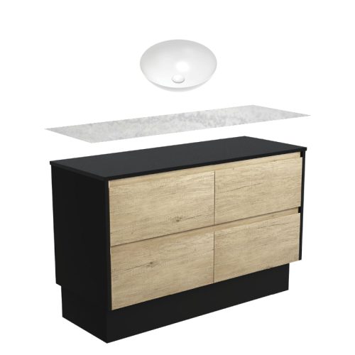 Fienza Amato Satin Oak With Satin Black Panels On Kickboard Vanity With Solid Surface Top & Above Counter Basin