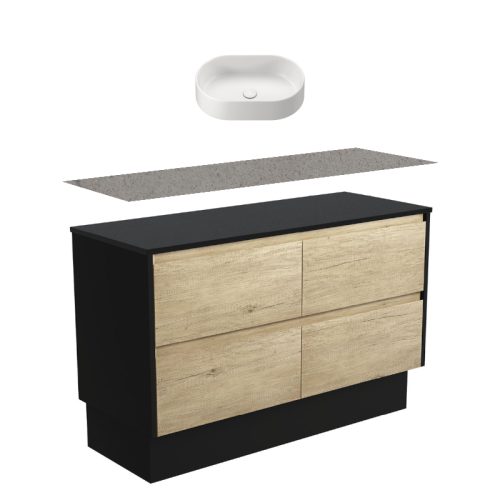 Fienza Amato Satin Oak With Satin Black Panels On Kickboard Vanity With Stone Top & Above Counter Basin