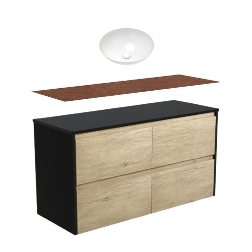 Fienza Amato Satin Oak With Satin Black Panels Wall Hung Vanity With Hardwood Top & Above Counter Basin