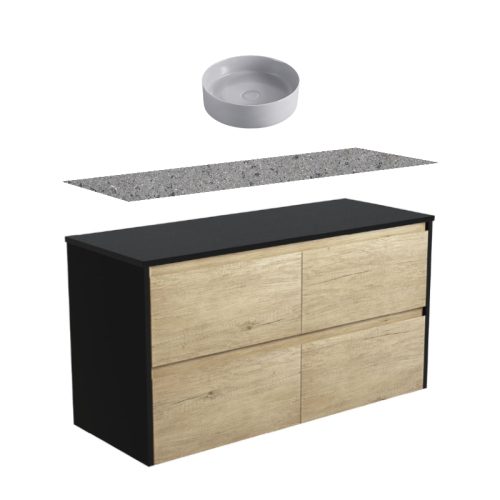 Fienza Amato Satin Oak With Satin Black Panels Wall Hung Vanity With Solid Surface Top & Above Counter Basin